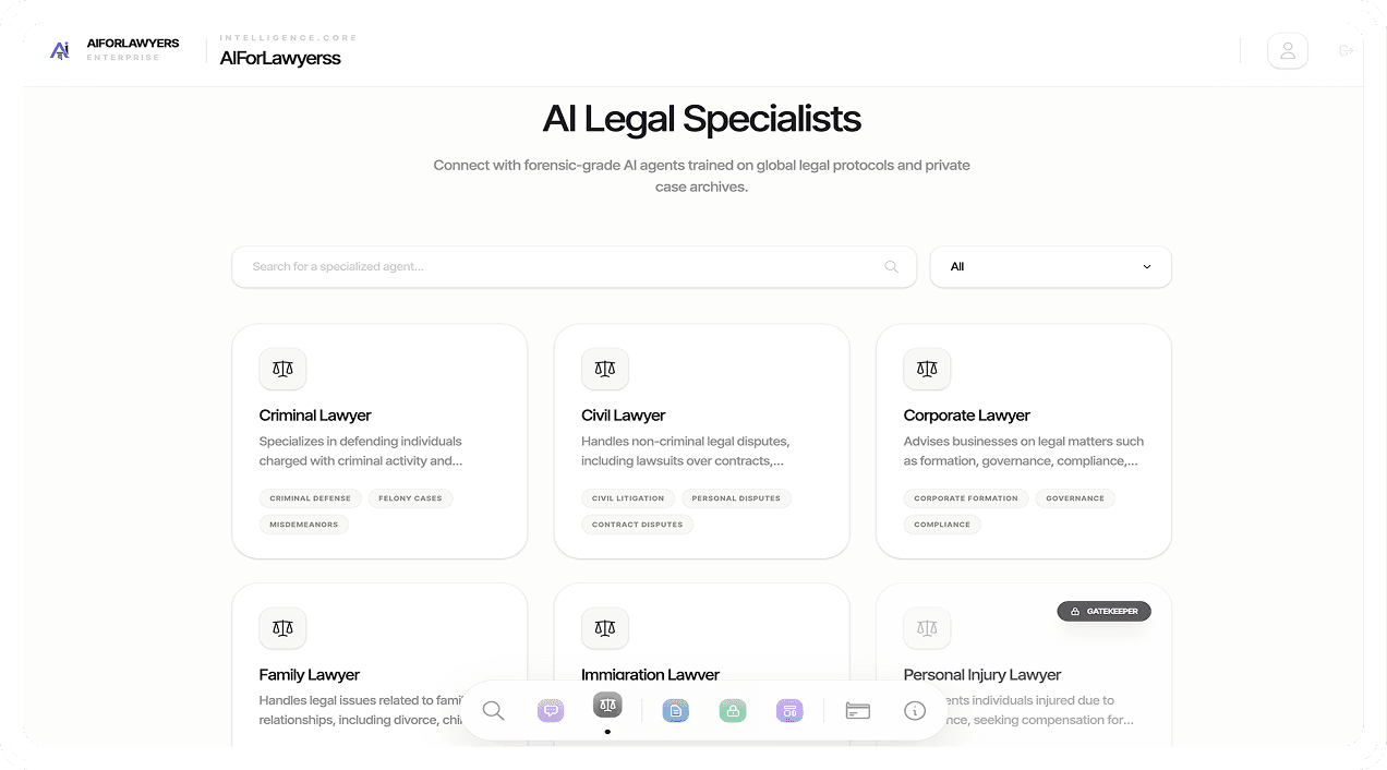 AiForLawyers Enterprise dashboard showing AI Legal Specialists, search, and specialty cards